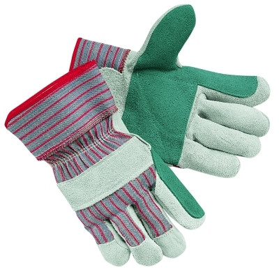 MCR Safety 1211J Industrial Standard Shoulder Split Gloves, Large, Double Palm, C Grade Shoulder Leather, Cotton, Green/Gray w/Red Stripes