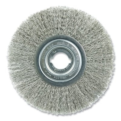 Weiler 1809 Narrow Face Crimped Wire Wheel, 8 in dia, 3/4 in W, 0.0118 in Bristle dia, Stainless Steel, 6000 RPM