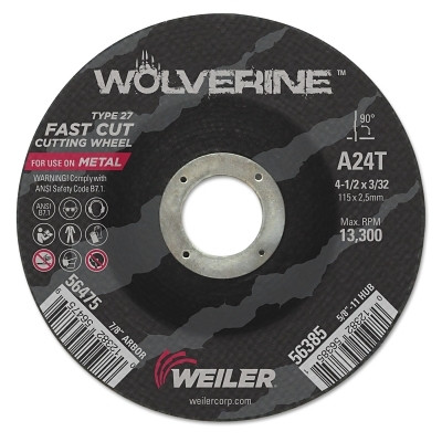 Weiler 56475 Wolverine Grinding Wheel, 4-1/2 in dia x 7/8 in Arbor x 3/32 in Thick, AO, 24T