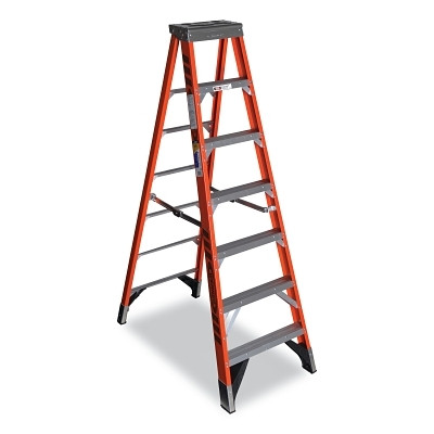 Werner 7407 Fiberglass Stepladder, 7407, Type IAA, 7 ft L, 26.84 in W, Single-Sided, 375 lb Load Capacity, Orange/Black