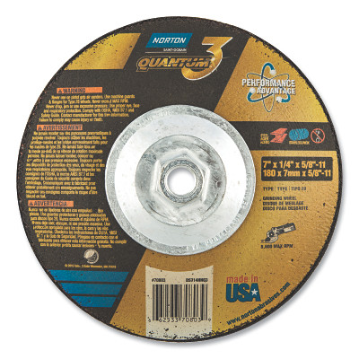 Norton 66253370803 Quantum3 SG CA Type 28 Saucer Wheel, 7 in dia, 0.25 in thick, 5/8-11 in arbor, 20 grit, Extra Coarse