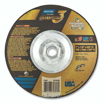 Norton 66253370803 Quantum3 SG CA Type 28 Saucer Wheel, 7 in dia, 0.25 in thick, 5/8-11 in arbor, 20 grit, Extra Coarse