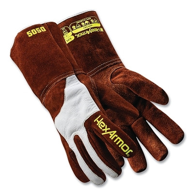 HexArmor 5050-L HeatArmor Welding Gloves, 5050, Split Cowhide Leather/Goatskin Leather, Large, Brown/White, Safety Gauntlet Cuff
