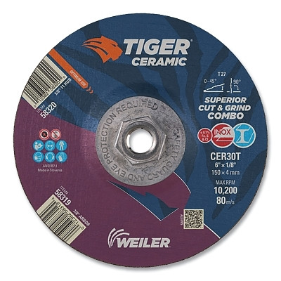 Weiler 58320 Tiger Ceramic Combo Wheels, 6 in Dia., 1/8 in Thick, 30 Grit, Ceramic Alumina