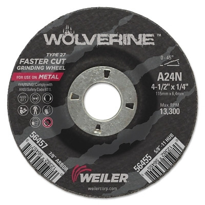 Weiler 56457 Wolverine Grinding Wheel, 4-1/2 in dia x 7/8 in Arbor x 1/4 in Thick, AO, 24N
