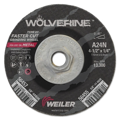 Weiler 56455 Wolverine Grinding Wheel, 4-1/2 in dia x 5/8 in-11 UNC Arbor x 1/4 in Thick, AO, 24N