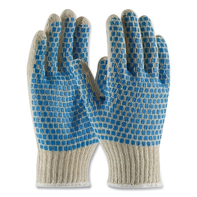 PIP 37-C110BB/L Seamless Knit Cotton/Polyester Gloves, Large, Knit Wrist, Natural/Blue Double-Sided PVC Dots