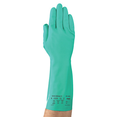 AlphaTec 100017 Solvex 37-175 Nitrile Gloves, Gauntlet Cuff, Cotton Flock Lined, Size 11, Green, 17 mil