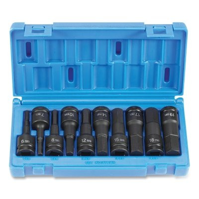 Grey Pneumatic 1498MH Impact Driver Set, 1/2 in Drive, Metric, 6 mm to 19 mm Size, 75 mm OAL, 10-Pc Standard Length Hex