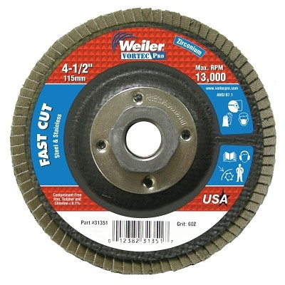 Weiler 31351 Vortec Pro Abrasive Flap Disc, 4-1/2 in dia, 60 Grit, 5/8 in-11, 13000 rpm, Type 29