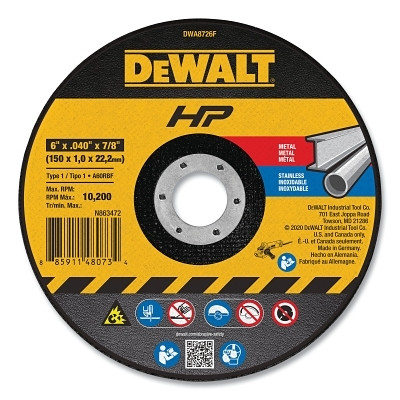DeWalt DWA8726F High Performance Cutting Wheel, Type 1, 6 in dia x 0.040 in Thick x 7/8 in Arbor, 60 Grit, Aluminum Oxide