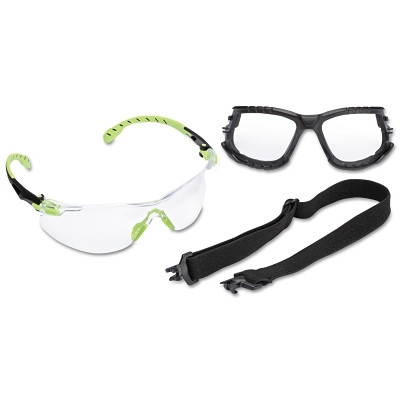3M Solus 1000 Series S1201SGAF Safety Glasses Kit Foam Strap Clear Scotchgard Anti-Fog Green Black