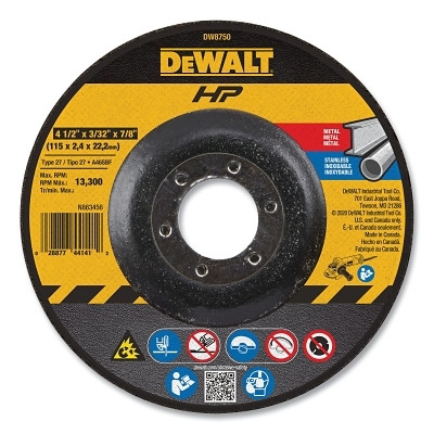 DeWalt DW8750 High Performance Cutting and Notching Wheel, Type 27, 4-1/2 in dia x 3/32 in Thick x 7/8 in Arbor, 24 Grit, Alum Oxide