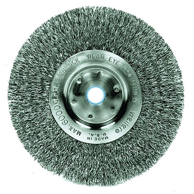 Weiler 01075 Narrow Face Crimped Wire Wheel, 6 in dia x 3/4 in W Face, 0.014 in Steel Wire, 6000 RPM