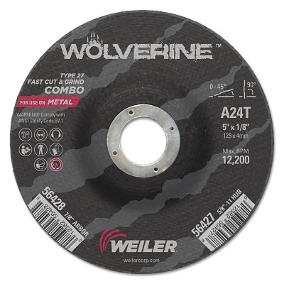 Weiler 56428 Wolverine Combo Wheel, 5 in Dia, 1/8 in Thick, 7/8 in Arbor, 24 Grit, T