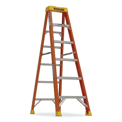 Werner 6106 Fiberglass Stepladder, 6106, Type IA, 6 ft L, 22 in W, Single-Sided, 300 lb Load Capacity, Orange/Yellow