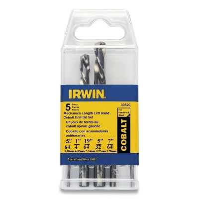 Irwin 30520 5-Piece Left Hand Drill Bit Sets, M-42 Cobalt High-Speed Steel, 5/64 in to 19/64 in Cutting Diam