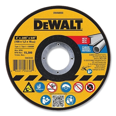 DeWalt DWA8050 Cutting Wheel, Type 1, 4 in dia x 0.045 in Thick x 5/8 in Arbor, Aluminum Oxide