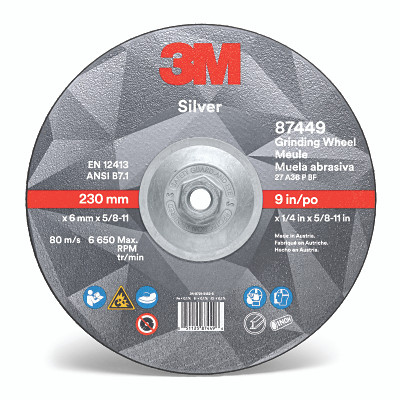 3M 7010409732 Silver Depressed Center Grinding Wheel, 9 in dia, 1/4 in, 5/8 in -11 Arbor Thread, 36 Grit, Precision Shaped Ceramic