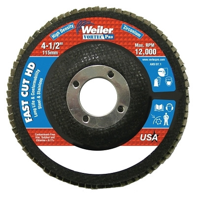 Weiler 31388 Wolverine Abrasive Flap Disc, High Density, 4-1/2 in dia x 7/8 in Arbor, 60 Grit, Flat