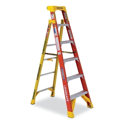 Werner L6206 Leaning Ladder, L6206, Type IA, 6 ft L, 24 in W, 300 lb Load Capacity, Fiberglass, Orange/Yellow