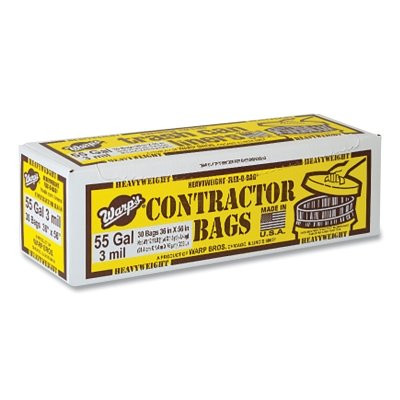 Warp Brothers HBP55-30 FLEX-O-BAG Trash Can Liners and Contractor Bags, 55 gal, 3 mil, 36 in X 56 in, Black, Extra HD Contractor Bag