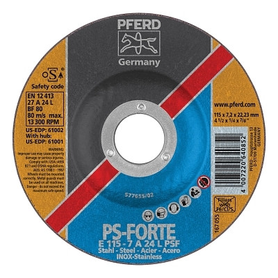 Pferd 61002 Depressed Center Wheel, 4 1/2 in Dia, 1/4 Thick, 7/8 Arbor, 24 Grit Alum. Oxide