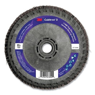 3M 7100380300 Cubitron 3 Flap Disc 1169F, 4-1/2 in dia x 5/8 in-11, T27 Flat Quick Change, 80+, 13300 RPM