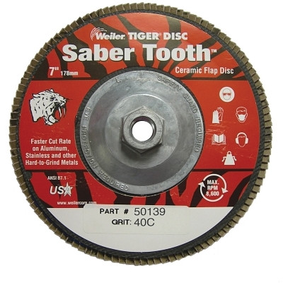 Weiler 50139 Tiger Saber Tooth Ceramic High Density Abrasive, 7 in dia, 40 Grit, 5/8 in-11 UNC Nut, 8,600 RPM, Type 27