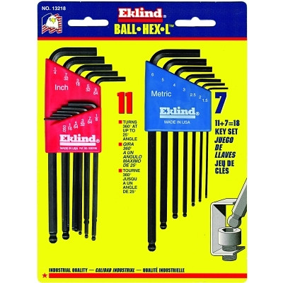 Eklind Tool 13218 Ball-Hex-L Key Set, 18 per set, Hex Ball Tip, Inch/Metric