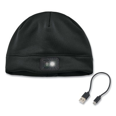 Ergodyne 16792 N-Ferno 6801 Winter Skull Cap with LED Rechargeable Light, Fleece, Knit/Fleece Lining, Black, Includes USB-C Charging Cable