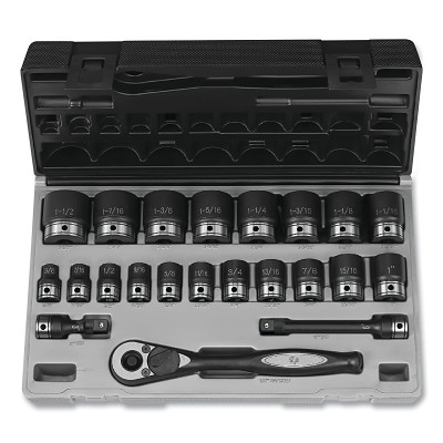 Grey Pneumatic 82222 Duo-Socket Impact Socket Set, 1/2 in Dr, 12 -pt, Std, Incl (19) SAE SKTs/Ratchet/Exts/Case, 22 Pc