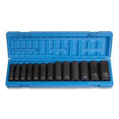 Grey Pneumatic 1312D Impact Socket Set, 1/2 in Dr, SAE, 6-point, 7/16 in to 1-1/4 in, 13-Pc Deep Length
