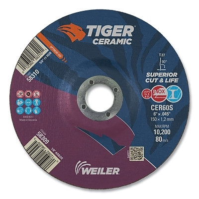 Weiler 58309 Tiger Ceramic Cutting Wheels, 6 in Dia, 0.045 in Thick, 7/8 in Arbor, 24/bx