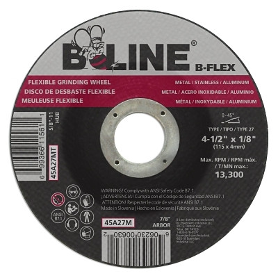 B-Line Abrasives 45A27M Flexible Depressed Center Wheel, 4-1/2 in dia, 7/8 in Arbor, 1/8 in Thick, 30 Grit, Aluminum Oxide