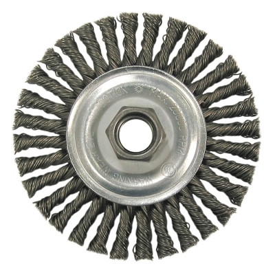 Weiler 36219 Wolverine Knot Wire Wheel, Stringer Bead Twist, 4 in dia x 3/16 in W Face, 5/8 in-11 UNC, 0.020 in SS Wire, 20000 RPM