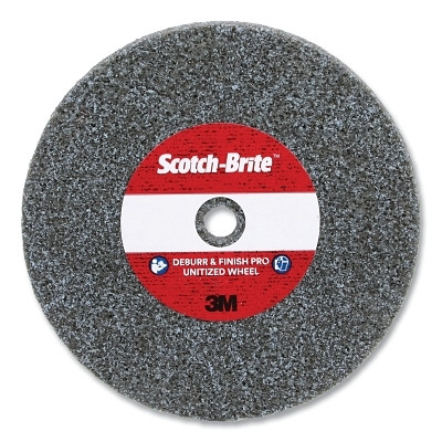 Scotch-Brite 7100053418 Deburr and Finish Pro Unitized Wheel, 3 in dia x 1/4 in AH x 1/8 in Thick, Medium+, 18100 RPM, Precision Shaped Ceramic