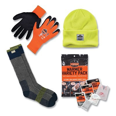 Ergodyne 16983 N-Ferno Winter Warming Kit, Medium, Warming Variety Pack/Cuffed Rib Knit Winter Beanie/Freezer Socks/Winter Gloves