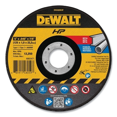 DeWalt DWA8063F High Performance Cutting Wheel, Type 1, 5 in dia x 0.040 in Thick x 7/8 in Arbor, 60 Grit, Aluminum Oxide