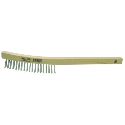 Weiler 44054 Curved Handle Scratch Brush, 14 in L, 3 x 19 Rows, Stainless Steel Wire, Wood Handle