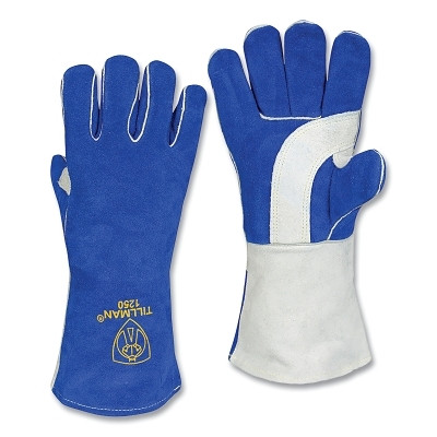 Tillman 1250 Stick Welding Gloves, 1250, Premium Side Split Cowhide Palm/BOH/Cuff, Lg, Blue/Pearl, 14 in L Cuff