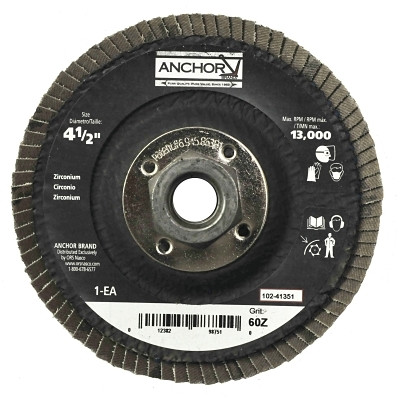 Anchor Brand 97396 Abrasive Flap Disc, 4-1/2 in dia, 60 Grit, 7/8 in arbor, 12000 RPM, Type 27