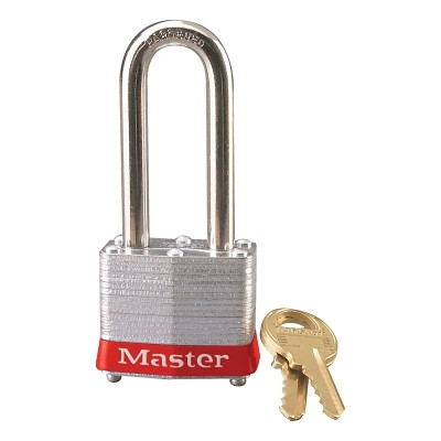 Master Lock 3LHRED No. 3 Laminated Steel Padlock, 9/32 in dia, 5/8 in W x 2 in H Shackle, Silver/Red, Keyed Different, Varies