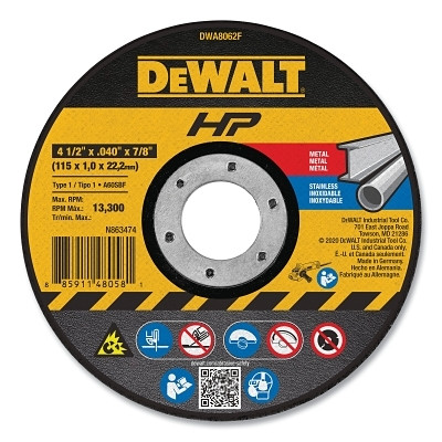 DeWalt DWA8062F High Performance Cutting Wheel, Type 1, 4-1/2 in dia x 0.040 in Thick x 7/8 in Arbor, 60 Grit, Aluminum Oxide