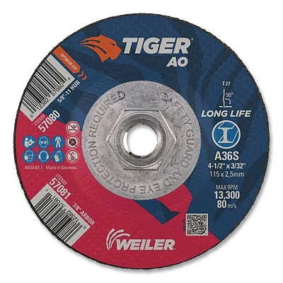 Weiler 57080 Tiger AO Cutting Wheel, 4-1/2 in dia x 3/32 in Thick, 5/8 in-11 UNC Arbor, A36S, Type 27