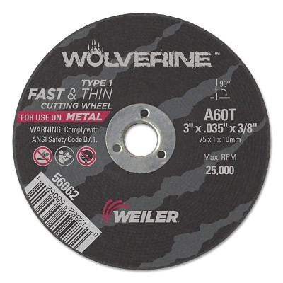 Weiler 56062 Wolverine Cut-Off Wheel, Type 1, AO, 3 in dia x 3/8 in AH x 0.035 in Thick, 60T, 100 EA/PK