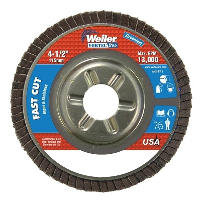 Weiler 31309 Wolverine Abrasive Flap Disc, 4-1/2 in dia x 7/8 in Arbor, 60 Grit, 13000 RPM