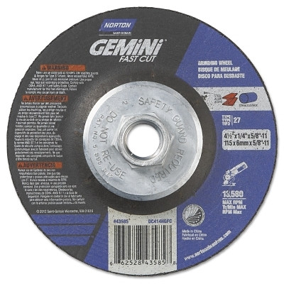 Norton 66252843585 Gemini FastCut Depressed Center Wheel, 4-1/2 in Thick, Aluminum Oxide