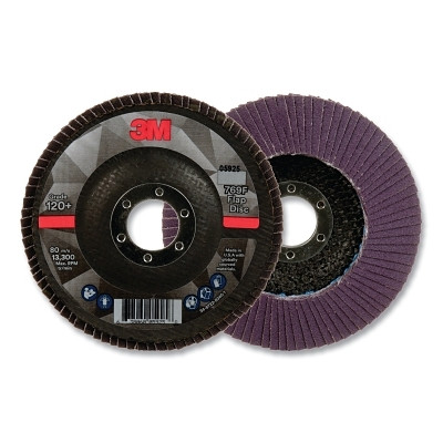 3M 7100178091 Flap Disc 769F, 4.5 in dia, 120+ Grit, 0.875 in arbor, 13300 RPM