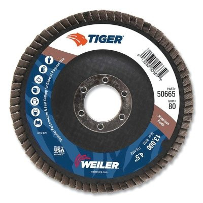 Weiler 50665 Tiger Disc Abrasive Flap Disc, 4-1/2 in dia, 7/8 in arbor, 80 grit, 13000 RPM
